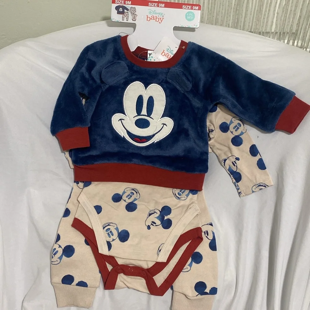 Disney Store Mickey Mouse Baby Boy 4 Piece Set  9M Bodysuit Pullover Pants